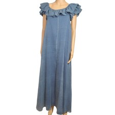 70s Joseph Magnin Blue Polka Dot Evening Gown Maxi Ruffled Neckline Dress Size 8