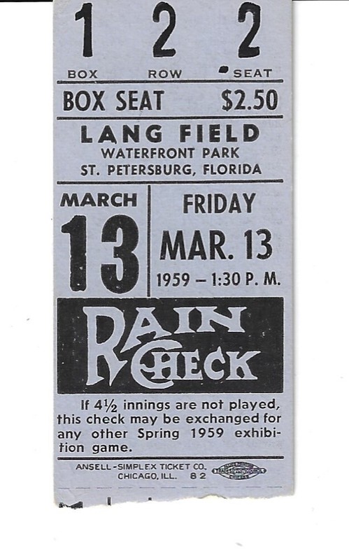 MARCH 13, 1959 ST. LOUIS CARDINALS SPRING TRAINING TICKET-BOB GIBSON'S 1ST WEEK