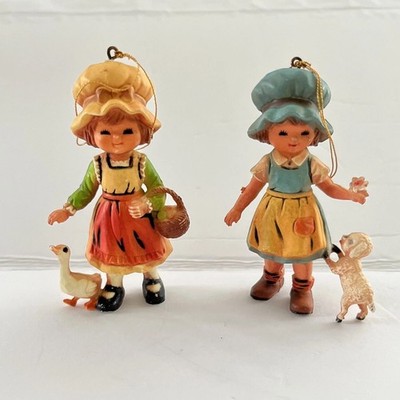 Vintage Barnyard Farmer Girls Bonnets Duck Basket Puppy Christmas Ornaments Duo