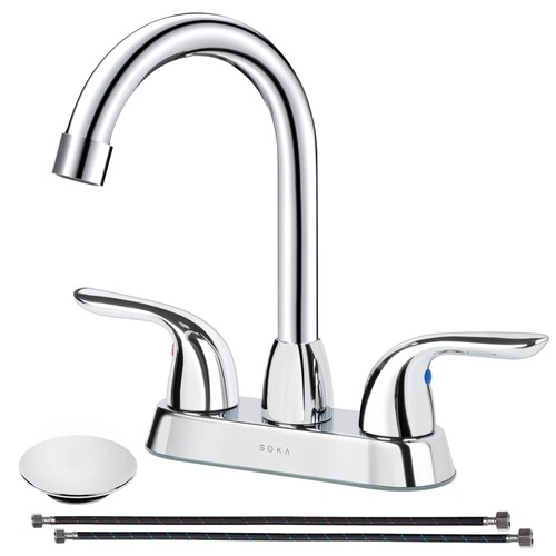 Two Handles Centerset Bathroom Faucet for Sink High Arc Stainless Steel with ...