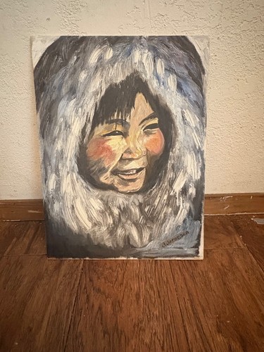 Dipinto olio originale di bambino Inuit di J. Jacobsen tela grigio nero LEGGI - Foto 7 di 7