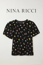 Nina Ricci  Black Floral Silk Blend Puff Shoulder Blouse Top Size S (FR 42)