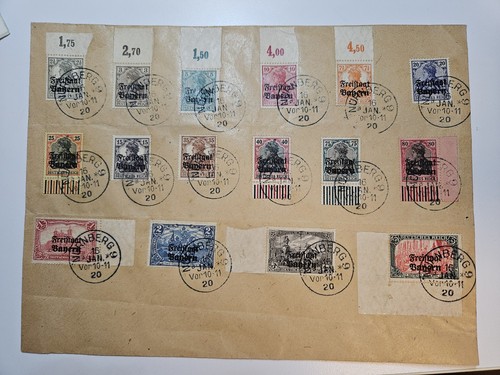 Bayern 136-151 gestempelt auf Stempelblatt teilw. mit (Eck-)Rand Nürnberg 1920