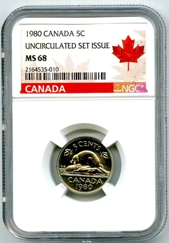 1980 CANADA 5 CENT NICKEL NGC MS 68 UNCIRCULATED SET ISSUE COIN