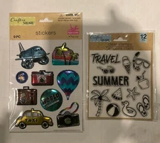 Crafter’s Square 9 Puffy Stickers-12 Clear Stamp Set-Clear Stamp Block -TRAVEL