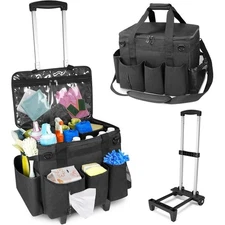 Portable Rolling Cleaning Caddy Bag with Detachable Trolley & Lid for Cleaning