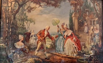 Grand Scale 1930s Lajos Louis Jambor French Rococo Garden Party Framed Painting