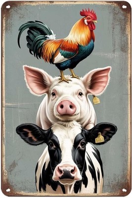 Funny Farm Animal Rooster Pig Cow Vintage Tin Metal Signs Home Décor 8x12