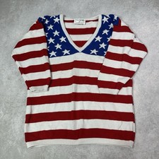 VTG Beverly Hills Made In USA American Flag 3/4 Sleeve V-Neck Sweater Size M