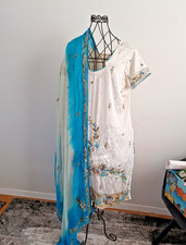 Bollywood Kleid Weiss Türkis Tunika Salwar Kameez Gr. 48