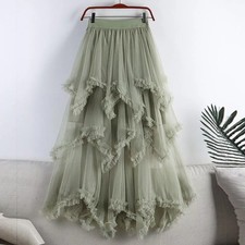 Gonna Tulle Verde Salvia Lunga Volant Irregolari Vita Alta Romantico CF58926