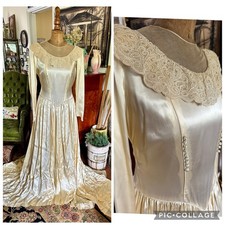 VTG 30s 40s Slipper Satin Ivory Wedding Dress Bridal Gown Long Train Art Deco