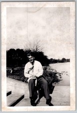 Vtg B&W Snapshot Man In Tie By River Steps 1950s