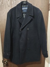 Lands End Men’s  Wool Pea Coat Navt Blue  Double Breasted Jacket 42 -44 Quilted