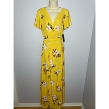 Lulus Heart of Marigold Yellow Tropical Print Wrap Maxi Dress v Neck Costal XS 