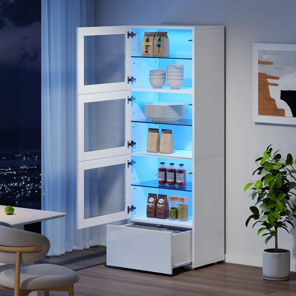 LED Hochglanz Vitrine Standvitrine Schrank Highboard mit 3 Glasboden Schubladen - Bild 4 von 4