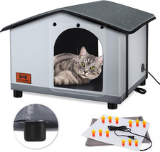 Insulated Heated Cat House Indoor/Outdoor, Elevated Cat House with Heated Pad fo