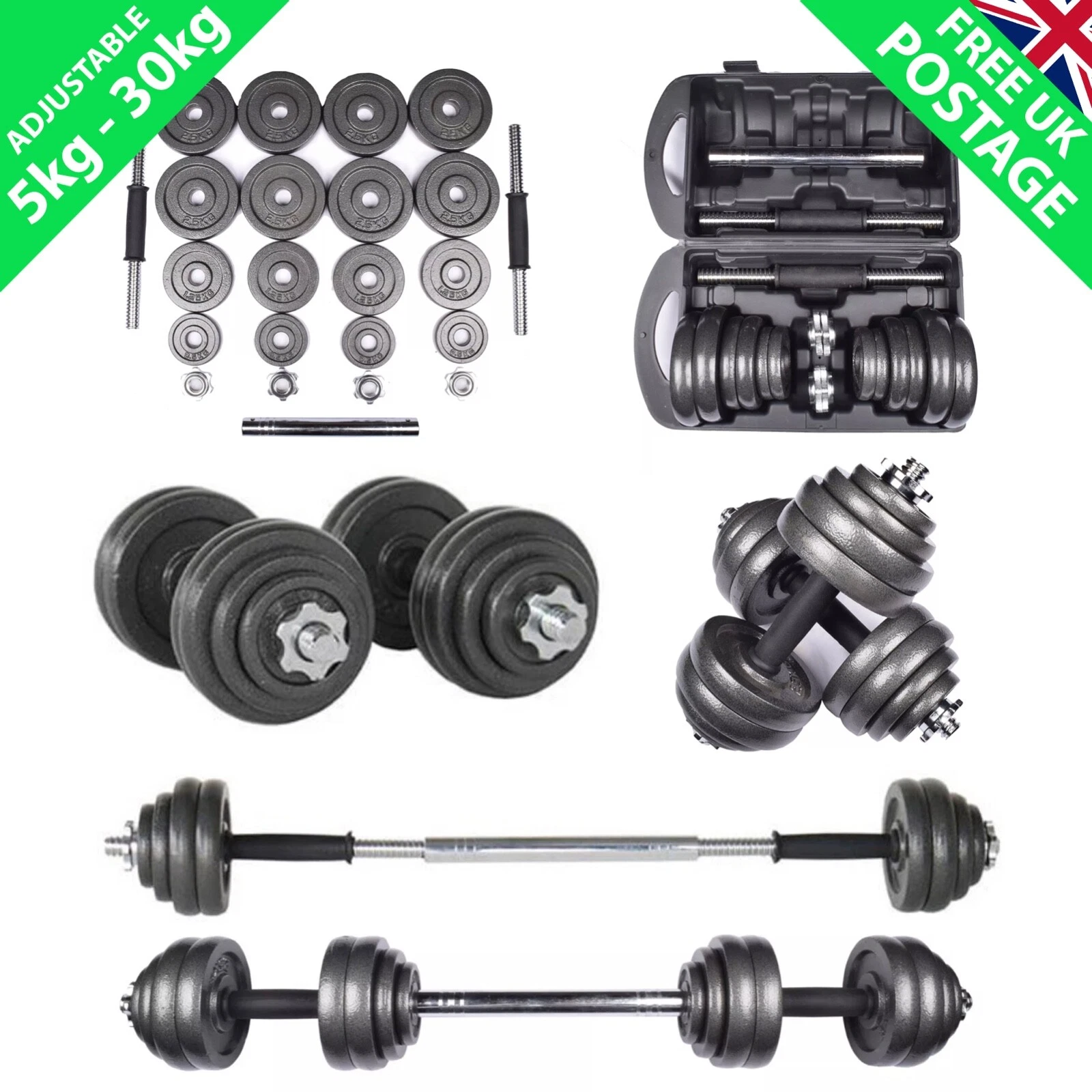 20kg & 30kg Adjustable Cast Iron Dumbbell and Barbell Set Gym Weights Steel Kit
Opens in a new windo