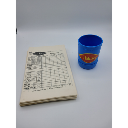 Vintage Yahtzee Blue Dice Cup Shaker Roller and Scorecards eBay