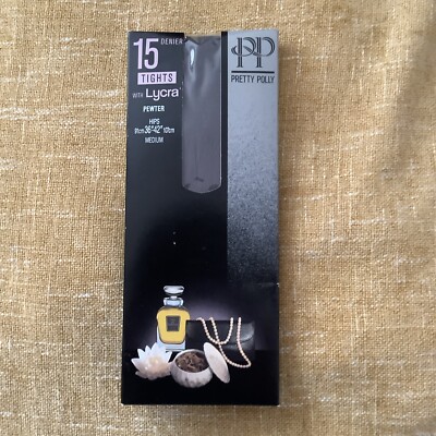 Pretty Polly Pantyhose Tights Lycra Smooth Knit Gusset Pewter Grey Medium 