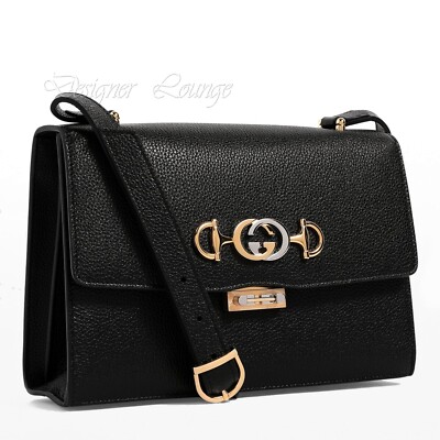 GUCCI★ZUMI LEATHER TOP HANDLE INTERLOCKING G LOGO NEW GUCCI Zumi Interlocking G Horsebit Black Grain Leather