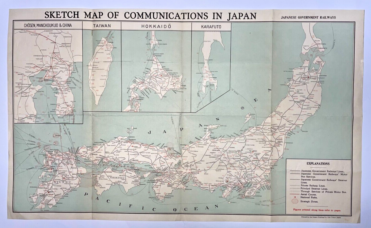 SKETCH MAP OF COMMUNICATIONS IN JAPAN c. 1940 LARGE ORIGINAL