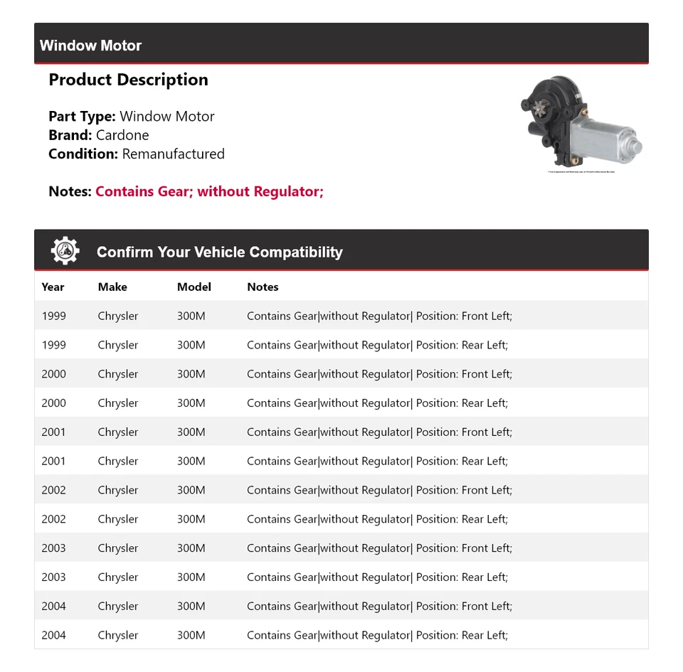 Motor de janela Cardone 2000 2001 2002 2003 Chrysler 300M 1999-2004 - Imagem 2 de 4