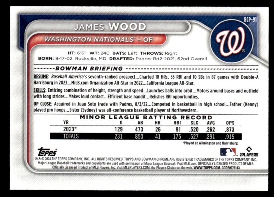 JAMES WOOD 2024 BOWMAN CHROME PROSPECTS RC WASHINGTON NATIONALS BCP91