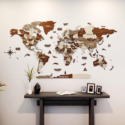 Multilayered 3D Wooden World Map, Travel Map with States and Capitals, Wall Deco