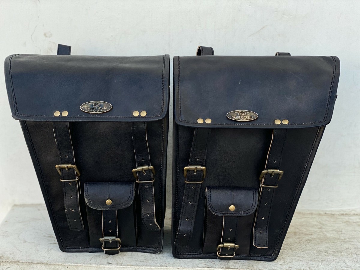 Handmade Leather Motorcycle Side Saddlebags - Black Panniers, 12x9x5 Inches, 5L Capacity - Pair-1057214