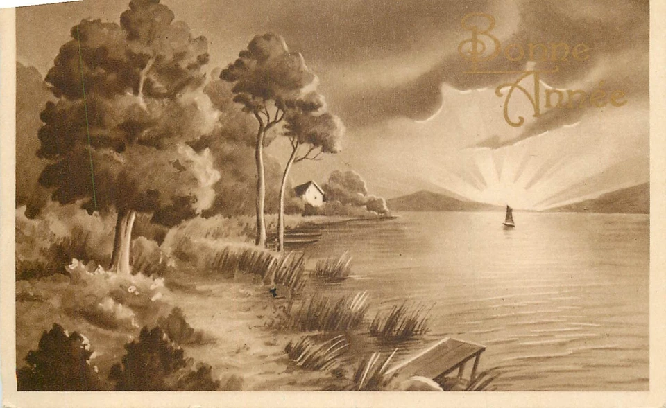 CP ILLUSTREE BONNE ANNEE BATEAU SUR LAC MONTAGNES - Photo 1/1