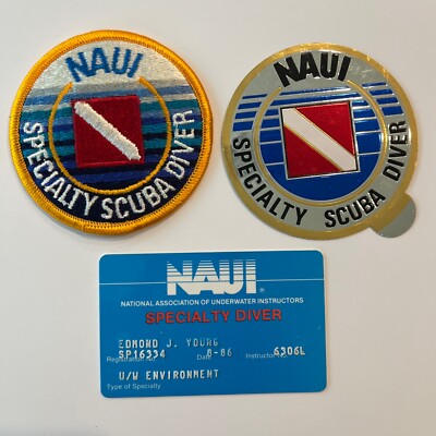 NAUI Specialty Scuba Diver Patch, Sticker, & Card - Vintage 1986 E.Young