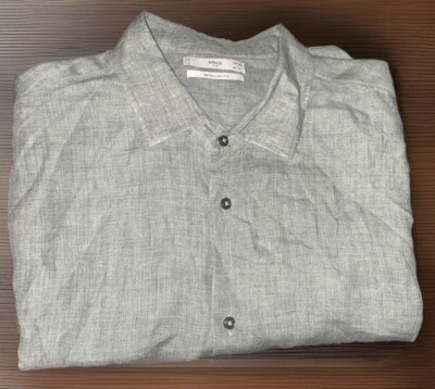 Mango MNG Mens Size XL -Linen Button Down Long Sleeve Shirt Olive Green Quality