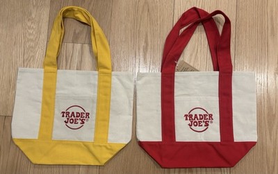 Trader Joe's Mini Canvas Tote Bag Set of 2 Yellow & Red Foldable Solid