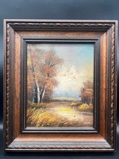 Original Ölgemälde Simon signiert Herbst Landschaft See gerahmt 44x38