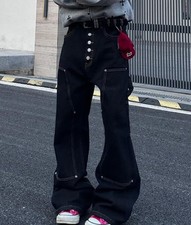 Men's Black Denim Cotton Jeans Straight Leg Button Punk Hip Hop Trousers Pants