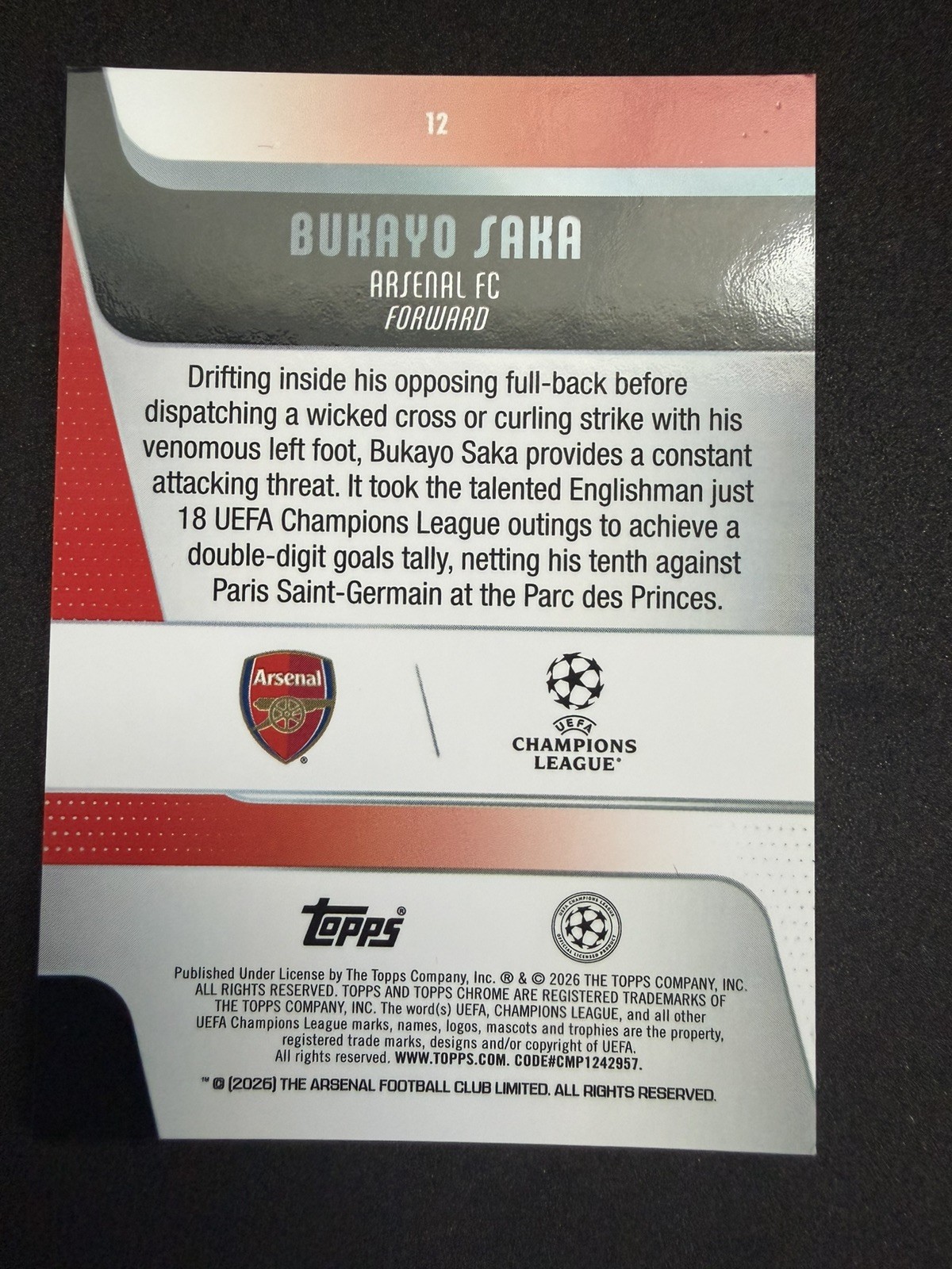 2026 Topps Chrome UEFA Champions League Bukayo Saka Arsenal Parallel /199 #12 view 2