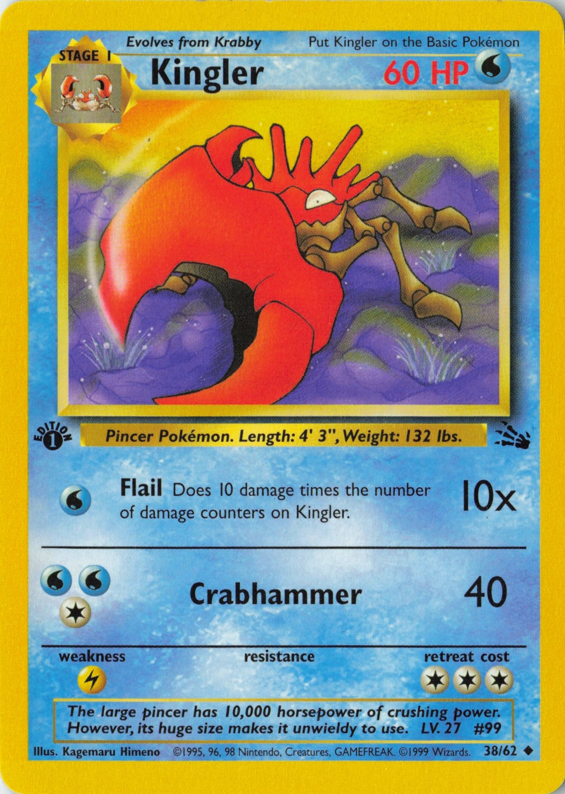 1999 Fossil Kingler #38/62 Uncommon, First Edition