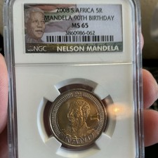 South Africa 2008 5 Rand Mandela 90th Birthday NGC MS 65 Bi-Metallic Coin