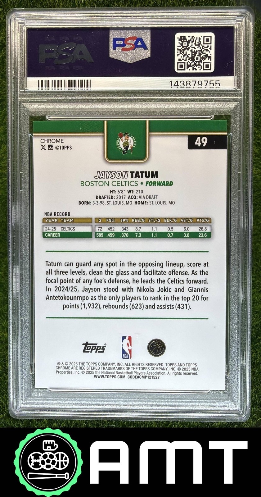 Jayson Tatum PSA 10 2025-26 Topps Chrome 38/50 RayWave Gold Refractor Celtics 55 view 2