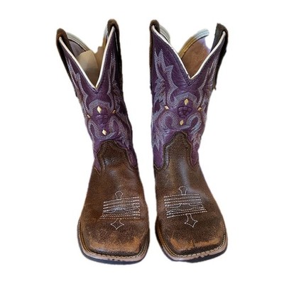 ARIAT Purple Kids Boots Size 13.5 Tombstone Western Square Toe Leather Flames 