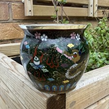 Japanese Cloisonn&eacute; Dragon Chasing Pearl Pot with Gold Flakes & Silver Rim