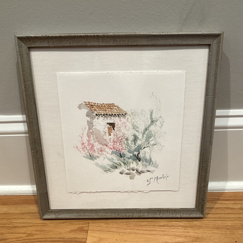 Countryside Watercolor Painting w/ Wood Frame - Original Piece from France