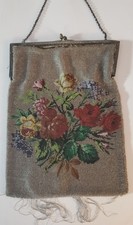 Antique Finely Beaded Floral Purse w Mirror Silver Metal Frame
