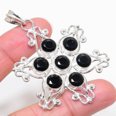 Black Spinel Gemstone 925 Sterling Silver Jewelry Pendant Size 2.6''