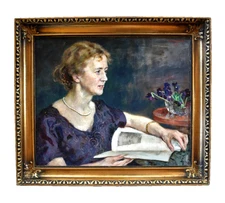 Vintage Oil Painting Portrait Woman Reading Magazine, 1923 by Hugo Backmansson