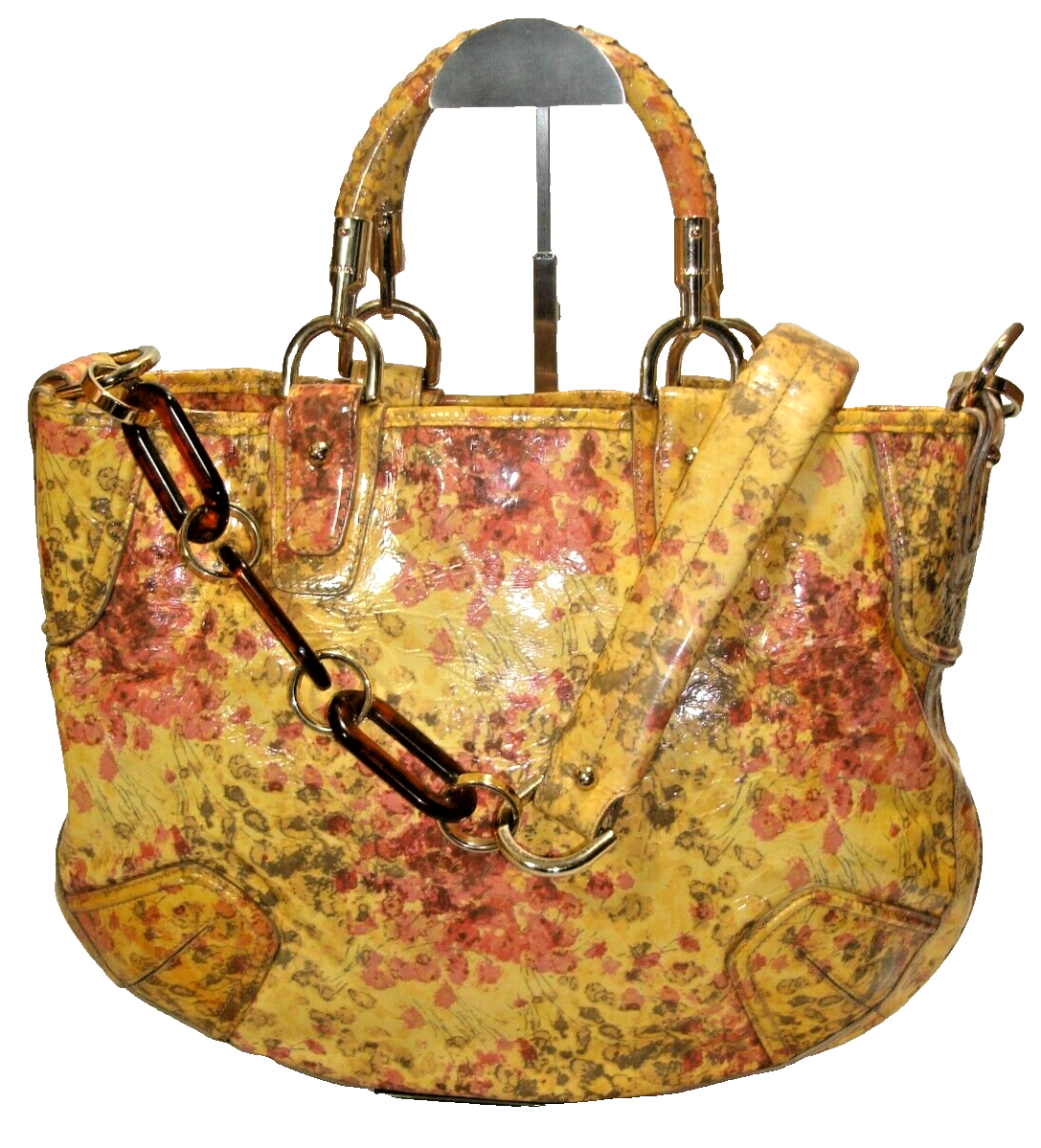 Bally Yellow Floral Patent Leather Tote Shoulder Bag Excellent Condition