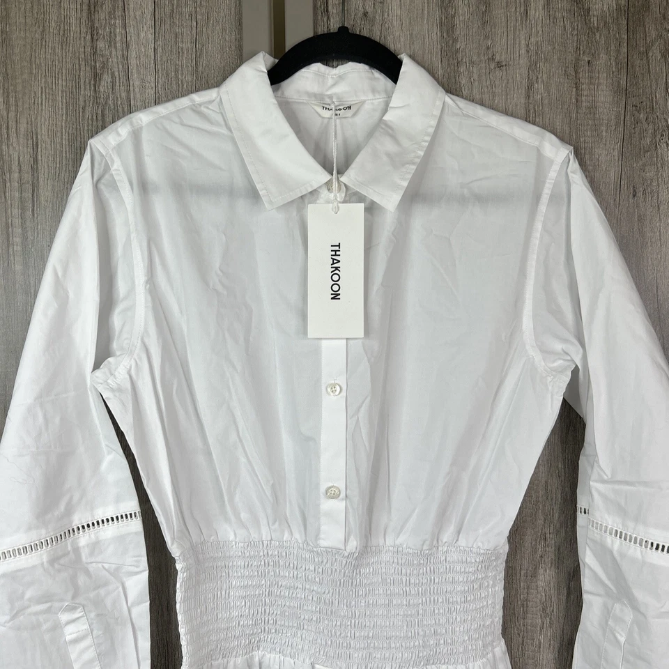 Vestido Thakoon Blanco Talla 8 Cintura Ajustada Botones Maxi Escalera Borde Foto 2 de 4