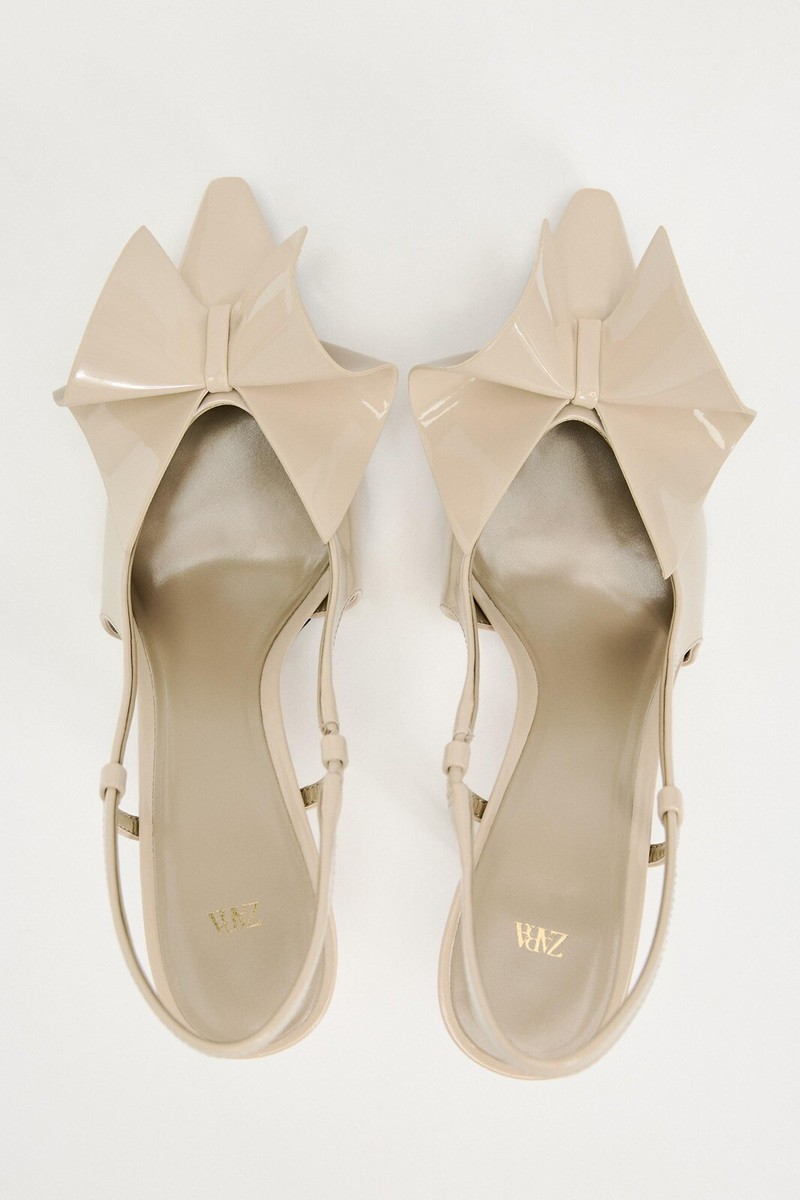 はる出品 ZARA WOMAN HEELED SHOES WITH BOW DETAIL SLINGBACK ECRU WHITE
