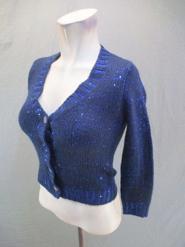 Cherokee Size S Girls Blue V-Neck Button Up Elbow Sleeve Crop Lurex Cardigan 747 - Picture 3 of 11